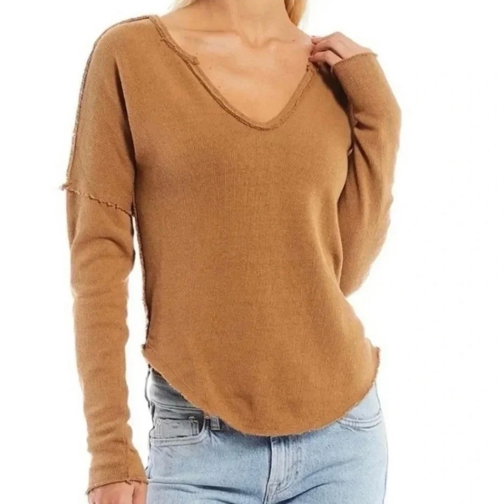 We The Free Free People Sweater M Brown V-Neck Raw Hem Exposed Seams Boho Grunge